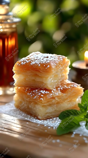 Two pieces of baklava stacked on top of each other, dusted with powdered sugar, placed on a wooden surface. The background is green and blurred, with a lit candle on the right and a cup of tea on the left.