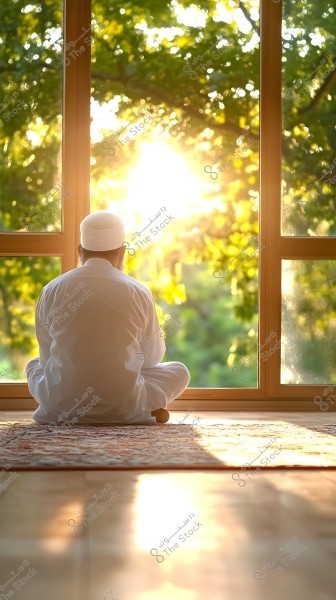 A man sits next to a large open window, wearing white clothing and a turban, with his back facing the viewer, looking towards sunlight filtering through dense green trees.