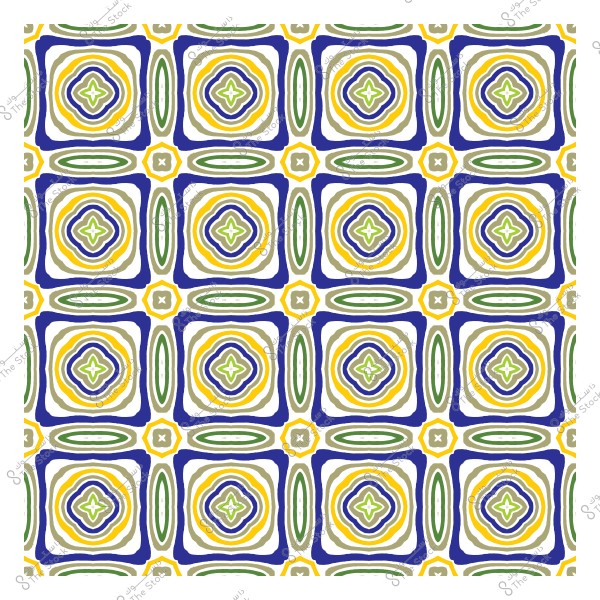 نمط هندسي مزخرف بألوان الأزرق والأصفر والأخضر بتصميم متكرر.