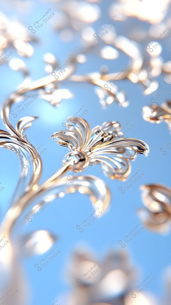 A close-up image of decorative metal details against a blue background. The metal piece features intricately carved designs in the shape of flowers and leaves, with shiny reflections adding an elegant and sophisticated appearance.