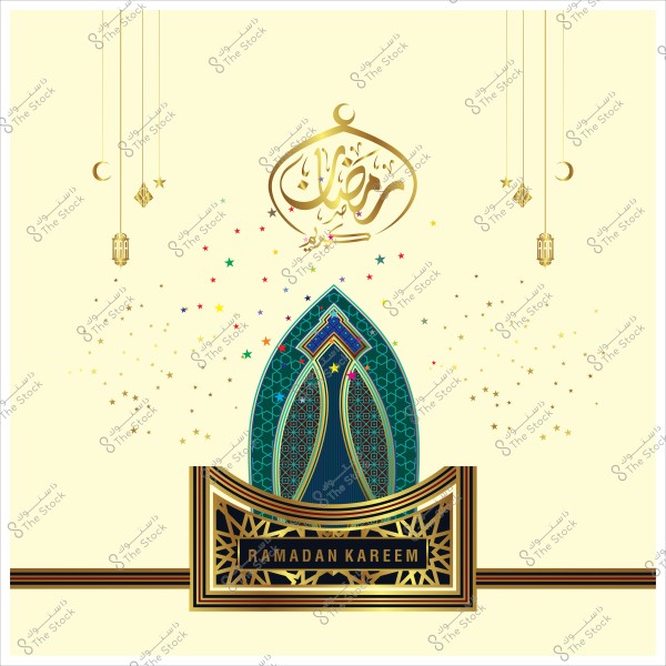 تصميم فني يعبر عن رمضان كريم, يظهر فيه عناصر زخرفية ذهبية تشمل كلمة "رمضان كريم" بخط عربي جميل, مع تصميم يشبه نافذة مسجد وغبار نجوم ملون. كما توجد فوانيس وأهلة معلقة في الأعلى.

-