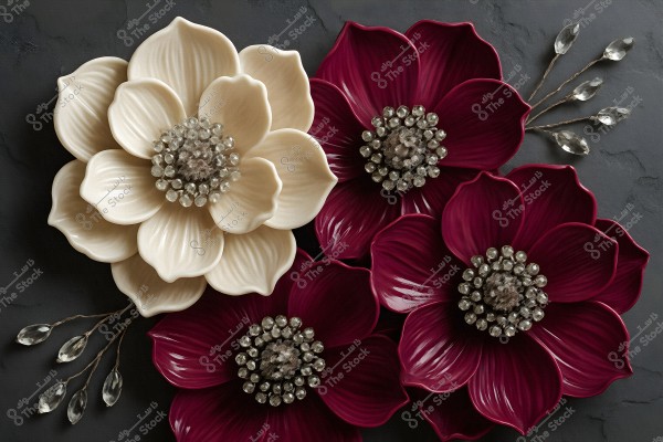 The image depicts an intricate floral decoration featuring four 3D-styled flowers. There is a large white flower in the top left corner with three layers of petals leading to a center adorned with shiny stones. To the right, three flowers with rich burgundy petals each feature centers decorated with similar stones. The dark background contrasts the colors prominently, offering an elegant artistic effect to the image.
