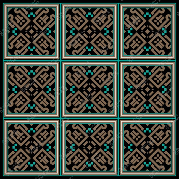 نمط هندسي بتصميم إسلامي مكون من مربعات متماثلة مزينة بألوان الأسود والبني والأزرق الفيروزي.