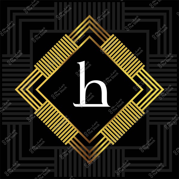 حرف "h" بلون أبيض داخل تصميم هندسي ماسي باللونين الأسود والذهبي.