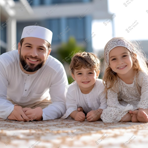 A family is smiling while lying on a carpet in a sunny outdoor setting. The man is wearing a white thobe and cap, and the children are wearing white clothing. The background shows a building and a garden.