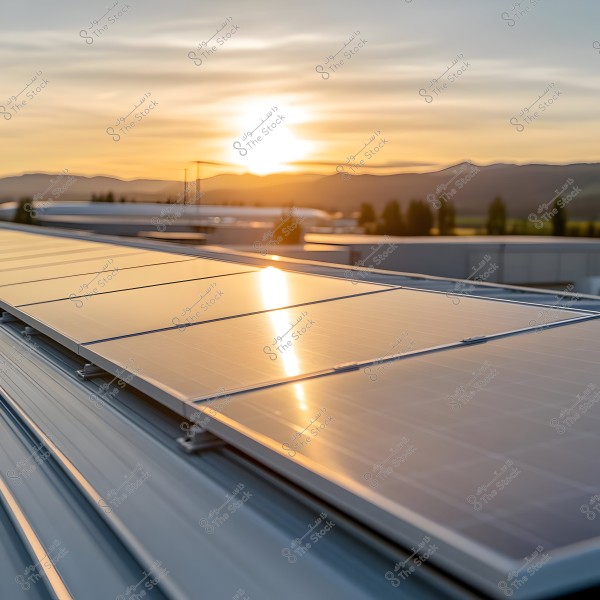 Image showing solar panels installed on a building’s roof, reflecting the sunlight during sunset. In the background, there are expansive plains and mountains under a sky with golden and orange hues.