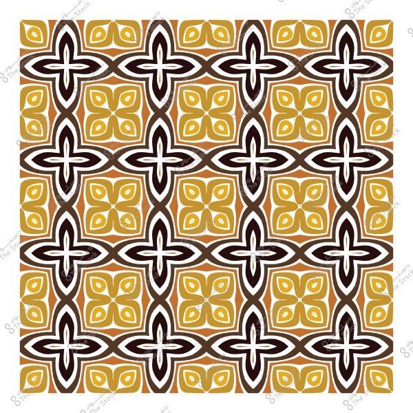 Geometric pattern with intersecting shapes and repeated squares in brown and yellow colors.
