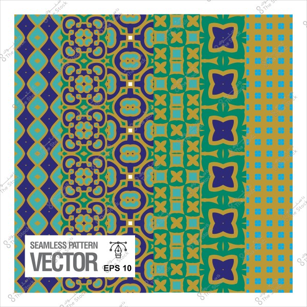 Geometric seamless patterns in multiple colors including blue, green, and yellow on a white background, with text saying "VECTOR SEAMLESS PATTERN EPS 10".