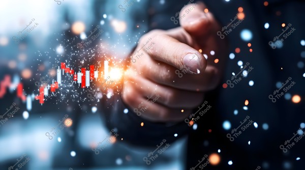 The image shows a hand pointing forward in a digital environment featuring illuminated graphs and line charts. The background is blurred with multiple glowing dots scattered throughout the scene, giving it a futuristic appearance.