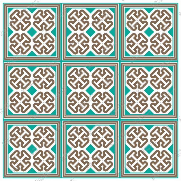 نمط زخرفي متماثل مكون من مربعات بألوان بنية وخضراء, يعكس تصميمًا هندسيًا تقليديًا.