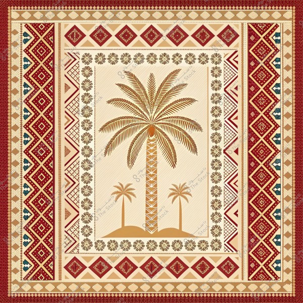 تصميم زخرفي تقليدي يظهر نخلة كبيرة في الوسط محاطة بنخلتين صغيرتين. الإطار يحتوي على أنماط هندسية حمراء وزخارف مستوحاة من الفن الإسلامي التقليدي بألوان البيج والأحمر والذهبي.