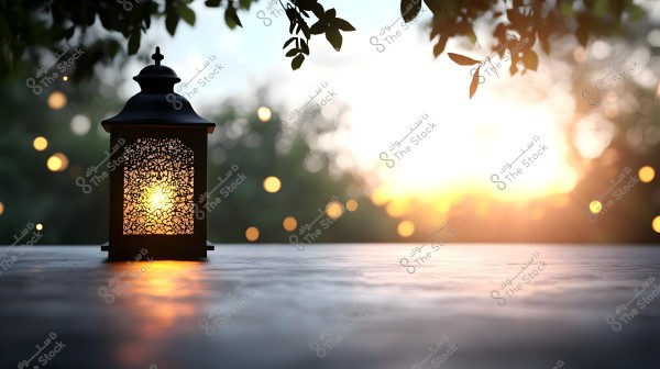 Image of an ornate lit lantern placed on a surface at sunset. Some foliage hangs from above, and bokeh lights scatter in the background with the sunset creating a warm and tranquil atmosphere.