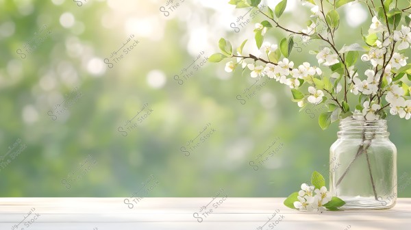 ** A clear glass jar containing flowering branches with beautiful white blossoms and green leaves, placed on a light wooden surface. The background is blurred with gradients of green, evoking a sense of spring and nature.\r\n\r\n**