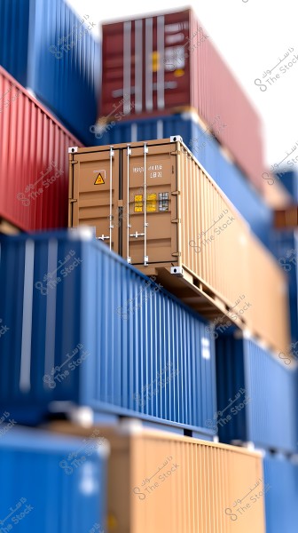 The image features a stack of multicolored shipping containers. A brown container is prominently shown at the front, surrounded by blue and red containers. The brown container has warning signs on it.