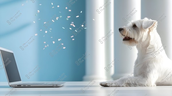 The image shows a white dog with soft fur sitting in front of a laptop on a white table. The laptop is open, set against a blue background with white columns. Small pieces of colored paper are floating in the air between the laptop and the dog, adding a playful atmosphere to the scene.