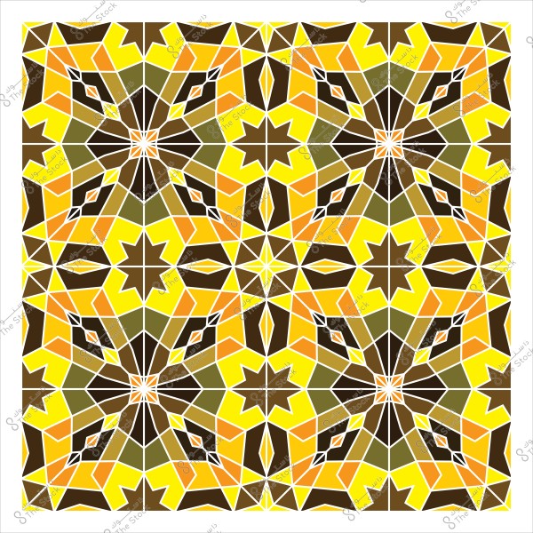 Geometric ornamental design with eight-point stars in a repeating pattern featuring brown, orange, yellow, and green colors, inspired by traditional Islamic art.

-
