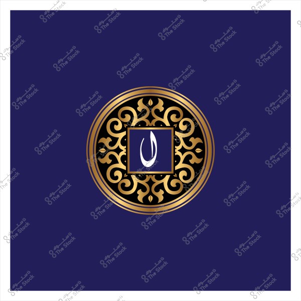 Islamic design with a circular gold ornament on a dark blue background, featuring an Arabic letter in the center.