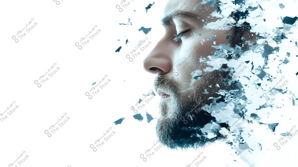 An image of a man showing his left side, with closed eyes and a short beard. The right side of his face appears to dissolve into small scattered fragments against a white background, giving an artistic and expressive impression.