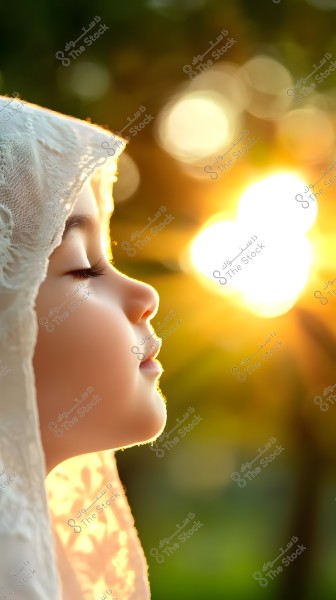 A side profile of a child wearing a white lace-embellished headscarf, standing in warm sunlight with a bokeh effect in the background. The sun creates a warm glow around the child, adding a serene and peaceful ambiance.