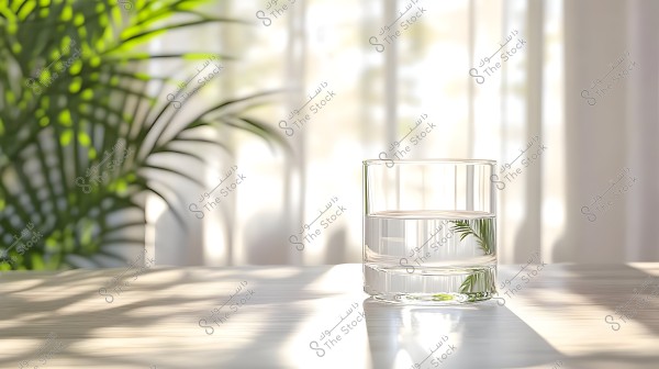 A clear glass filled with water placed on a sunlit wooden table. The shadows of a green plant are visible on the table, with white curtains in the background.