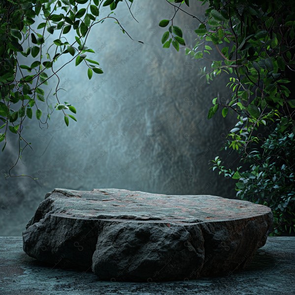 Podiums surrounded by lush green foliage and natural settings. One showcases a rocky podium with a misty, forest-like backdrop, while another presents a smooth, round podium set against a background of dense greenery and soft, ambient lighting.