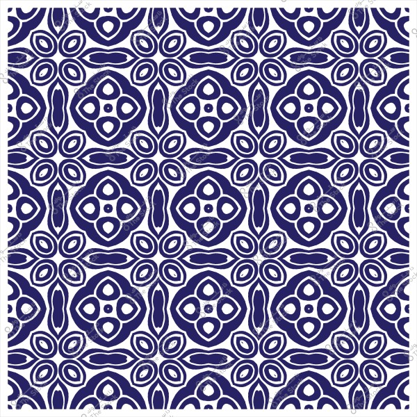 نمط زخرفي هندسي باللونين الأزرق والأبيض يتميز بتصاميم متكررة لأشكال الأزهار والدوائر.