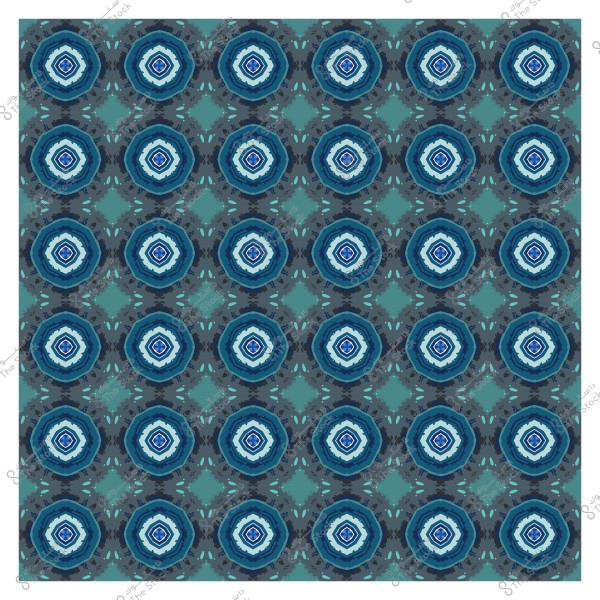 Repeating geometric pattern with shades of blue, white, and dark green.