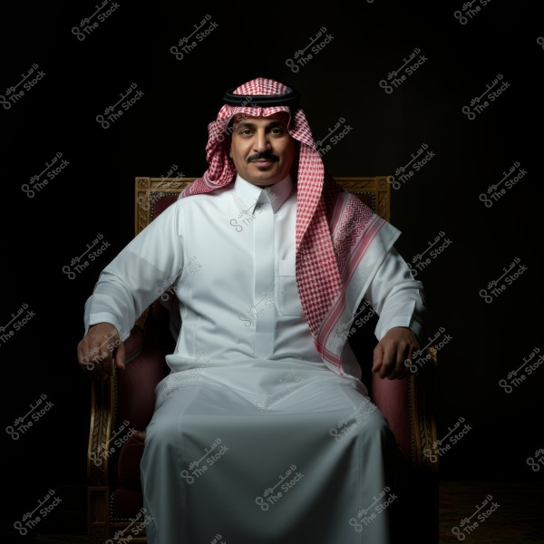 Portrait of a man sitting on an ornate chair, wearing a red and white checkered headscarf over a traditional white thobe. He is set against a dark background, suggesting Gulf region origin.