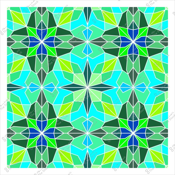 نقش هندسي مكون من أشكال متكررة بألوان زرقاء وخضراء. يتميز التصميم بتناسق دقيق وشكل نجمة بارز يتداخل مع باقي الأشكال, مما يخلق تأثيرًا بصريًا متناغمًا ومريحًا للعين. الأشكال محاطة بخطوط بيضاء تحدد كل جزء.

-