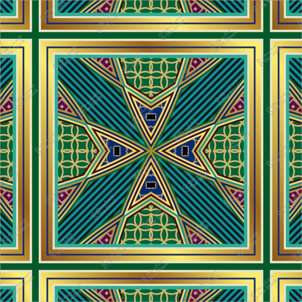 تصميم زخرفي هندسي ملون بأشكال نجمة وخطوط متقاربة تبرز في اللوحة.