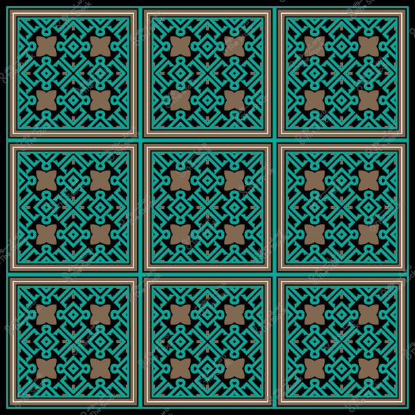 Geometric decorative design composed of tiles with a traditional Arabic pattern in brown, black, and light blue colors.