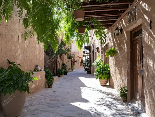 The scene depicts a traditional alley adorned with green plants in flower pots on both sides of the path. Sunlight filters through the overhanging trees, casting shadows on the mud-brick walls of the surrounding buildings. A wooden door and a few antique lamps contribute to the tranquil, traditional atmosphere.