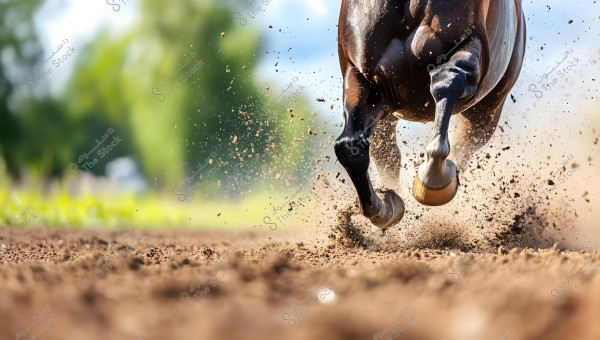 Image showing the legs of a brown horse running on a dirt track. The image is captured from a low angle, with dust kicking up in the air around the hooves. The background is blurred, featuring trees and greenery.