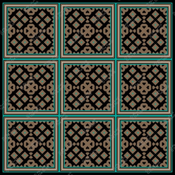 Geometric decorative design consisting of nine adjacent squares in brown, black, and light blue, featuring repeating ornamental details.