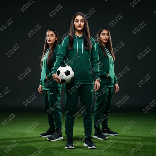 An image of three women standing on a green grassy surface, wearing matching green sportswear consisting of hoodies and athletic pants with black sneakers. The woman in the center holds a soccer ball, and they all look confidently towards the camera. The dark background highlights the details of the outfits and colors.