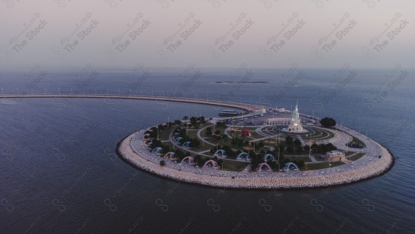 An aesthetic drone shot of Marjan Island in Dammam in the Eastern Province, showing a clear sky and nature in Saudi Arabia.