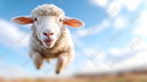 Close-up image of a sheep appearing to mid-jump, with its face clearly visible and an expression akin to a smile. The sheep\'s mouth is open, with large ears and curly white wool. The background shows a blue sky with some white clouds.