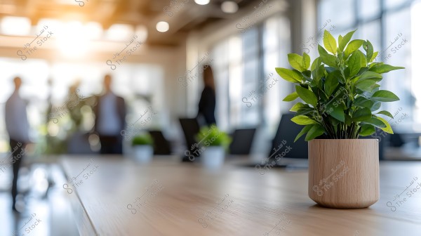 An image of a modern office featuring a wooden vase with lush green plants on a table. In the background, blurred figures of people standing are visible, with bright sunlight filling the room through large windows.