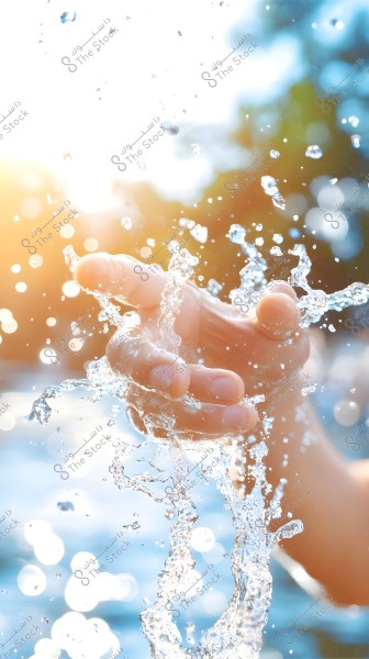 The image shows a hand interacting with water splashing in the air against a bright background with sunlight illuminating the scene. The droplets glisten as they scatter around the fingers, creating a sense of freshness and nature.