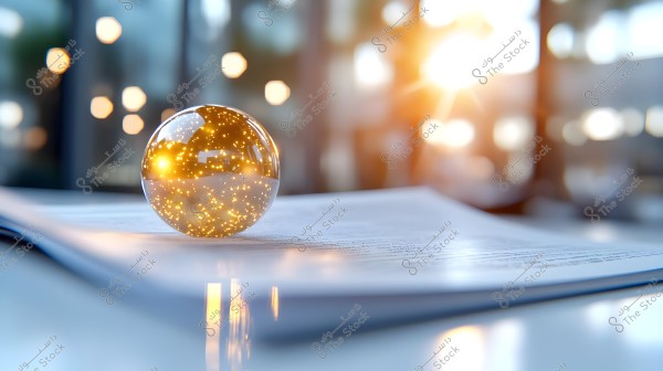Image showing a transparent glass sphere placed on a sheet or document, with the sphere containing small glowing points that emit a golden radiance. The background is blurred with warm, soft lighting.