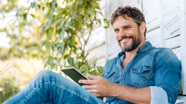 صورة لرجل مبتسم يجلس في الهواء الطلق مرتديًا قميصًا جينز أزرق. يمسك بجهاز لوحي بيديه ويجلس بجانب جدار خشبي أبيض وعلى جانب مجموعة من النباتات الخضراء في الخلفية.