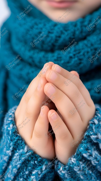The image shows a child\'s hands clasped together as if in prayer or meditation, surrounded by blue knitted wool fabric, indicating they are wearing a winter garment.