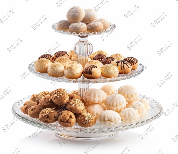 A three-tiered ornate glass stand filled with an assortment of confections and pastries. The top tier holds small white pieces dusted with powdered sugar. The middle tier features contrasting pastries, some topped with chocolate drizzles and others with white sprinkles. The bottom tier contains a variety of small pastries, some chocolate-flavored and others light-colored.