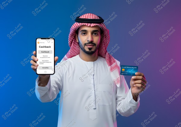 Image of a man wearing a white thobe and a red and white ghutra, holding a smartphone in his right hand displaying a cashback app, and a blue credit card in his left hand. The background is a blend of blue and purple colors.