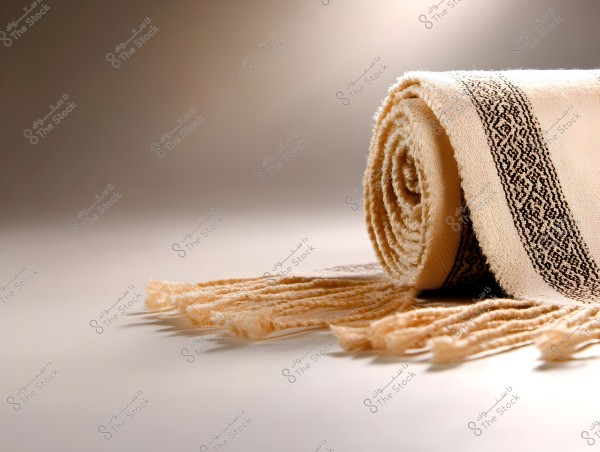 An image of a beige and white towel with black geometric patterns, neatly rolled with fringed edges. The towel is placed on a smooth, light-colored surface with soft lighting and a blurred background.
