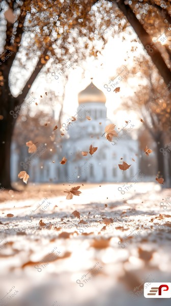The image shows autumn leaves falling onto a path covered with dry leaves, with a building featuring a golden dome visible in the background. The scene is surrounded by trees in a golden-brown hue under soft sunlight, creating a warm and tranquil atmosphere.