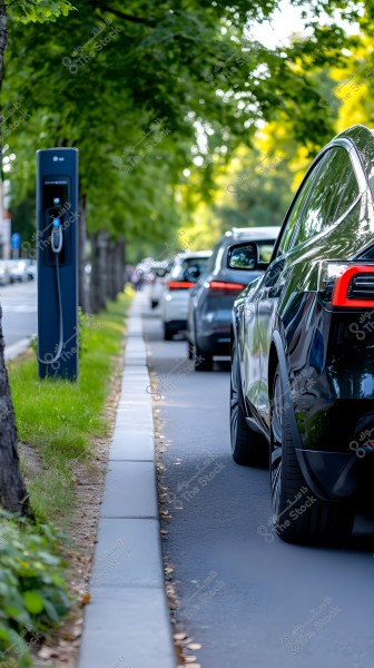 Image of a row of cars parked along the side of the road under the shade of green trees. An electric charging station is on the sidewalk near the road, with a charging cable hanging. The atmosphere appears bright and sunny.