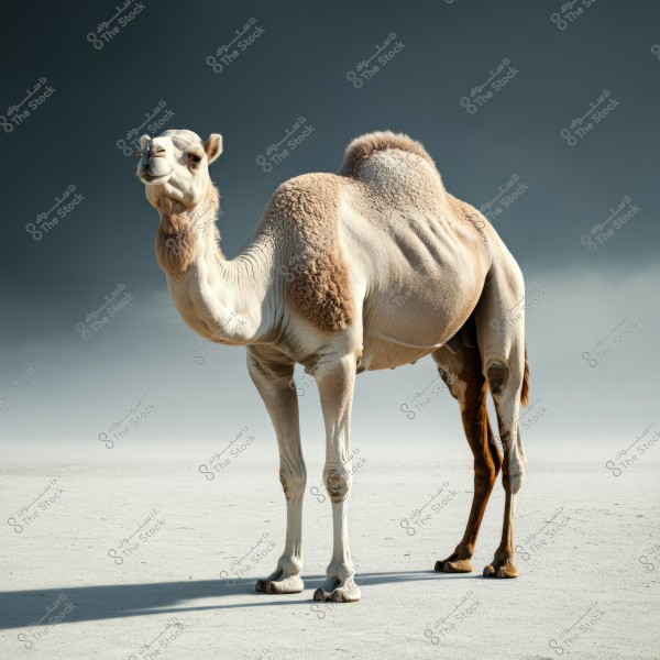 A lone camel standing in an open desert under a dark blue sky. It has light brown fur and a humped back, indicating it is healthy. The surrounding white sand enhances the camel\'s features.