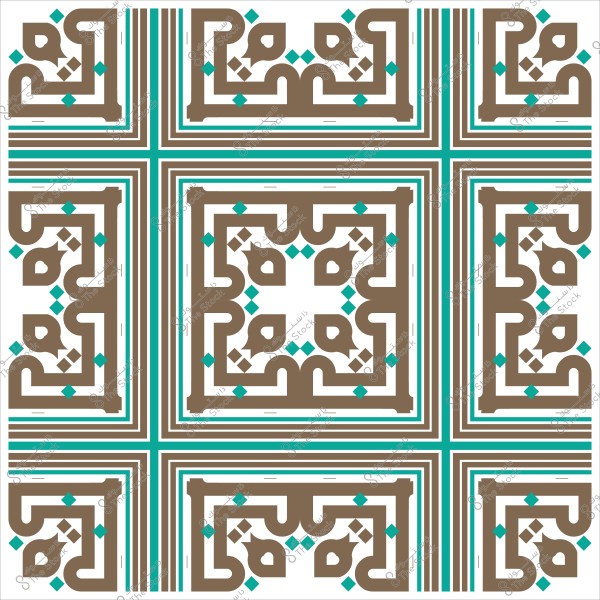 تصميم هندسي مزخرف بألوان بنية وزرقاء في نمط متكرر يزين مربعات متقاطعة.