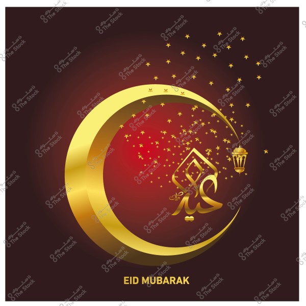صورة هلال ذهبي وكلمات \"عيد مبارك\" باللون الذهبي مع فوانيس ونجوم على خلفية داكنة.